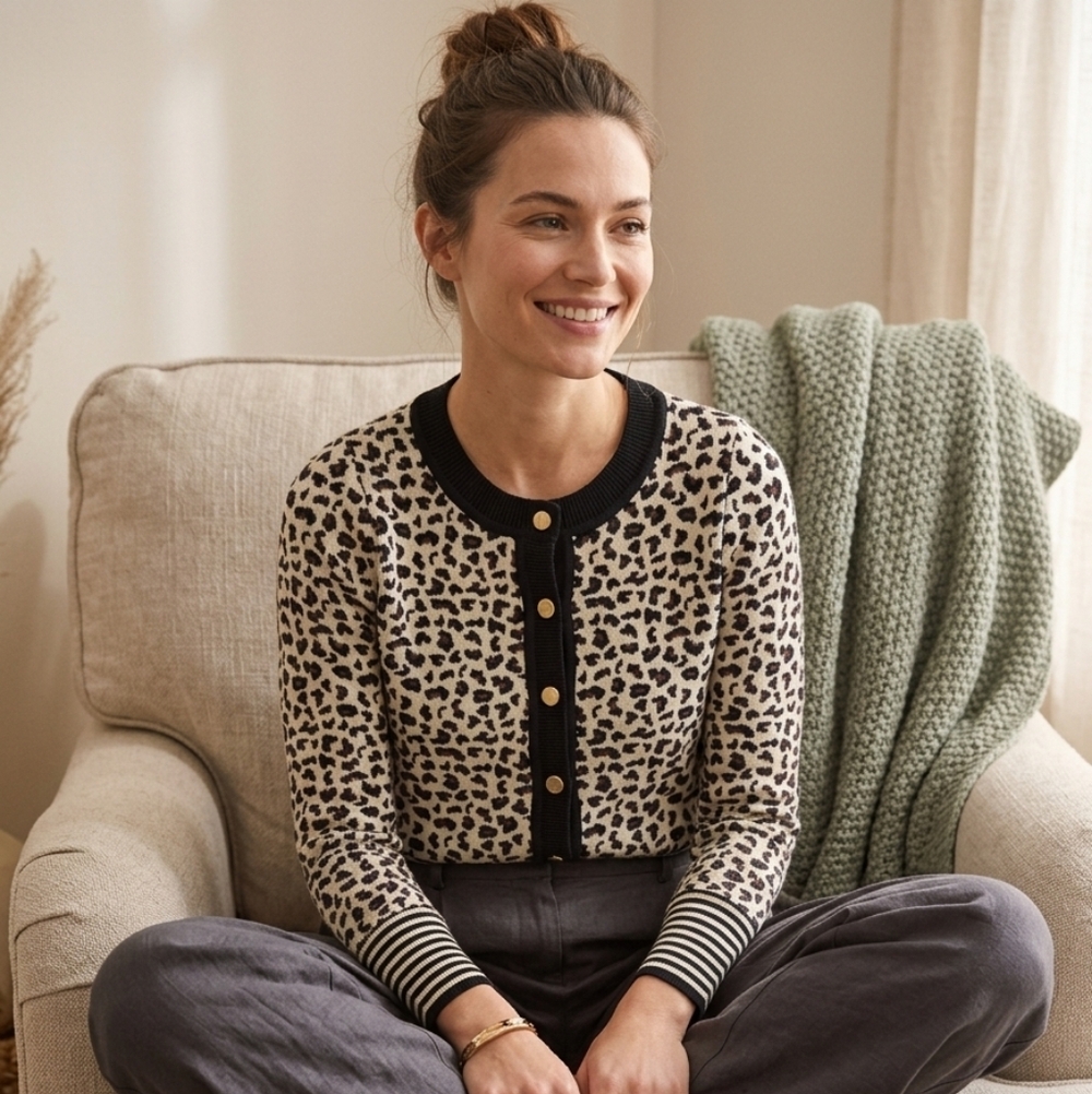 LC Lizette Cream and Black Leopard Print Cardigan Sweater
